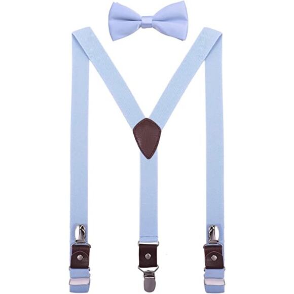 Light Blue Boys Adjustable Suspenders and Bow Tie Set with Brown Detail - Picture 2 of 4